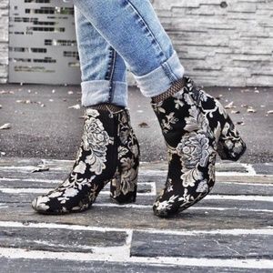 JustFab LOREIDA Brocade Silver + Gold Booties